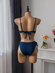 SHEIN Swim 女款兩件式比基尼泳衣套裝，雙肩帶設計，胸前蝴蝶結裝飾，高腰，島嶼海灘休閒度假泳裝 - 墨綠色 - 查看 3