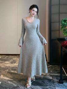 DAZY Women's Rhinestone Trim V-Neck Bell Sleeve Elegant Knit Dress - Apricot - View 5