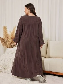 Lacomfia Minimalist Casual Solid Color Ribbed Trim Crew Neck Long Sleeve Loose Fit Regular Spring Autumn Plus Size Dress - Chocolate Brown - View 2