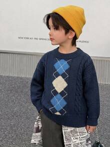 DAZY Boys' (Small) Plaid Cable Knit Casual Colorblock Loose Long Sleeve Pullover Thick Autumn/Winter Sweater - Navy Blue - View 4