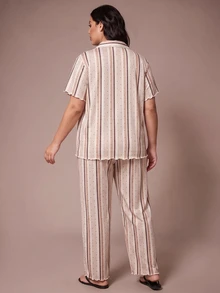 Lazeform Plus Size Fashionable Lapel Collar Minimalist Striped & Polka Dot Long Sleeve & Long Pants 2-Piece Pajama Set - Multicolor - View 2