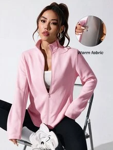 SHEIN Sovereign Charm 女款純色長袖前拉鍊休閒舒適運動夾克 - 粉色 - 查看 1
