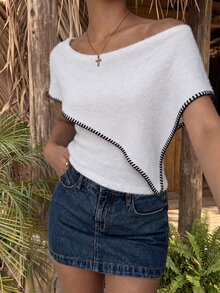 Sunnyshic Contrast Color Trim 2 In 1 Knit Top, Atmospheric Off-Shoulder Shawl Cover-Up + Cropped Sleeveless Camisole Layering Top - White - View 5