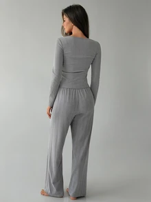 DAZY Women's Solid Color Button Half-Placket Long Sleeve Top And Pants Loungewear Set - Grey - View 2