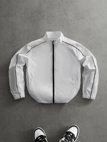 PAVTROS Men's Stand Collar Zip Front Casual Loose Jacket - White - View 1