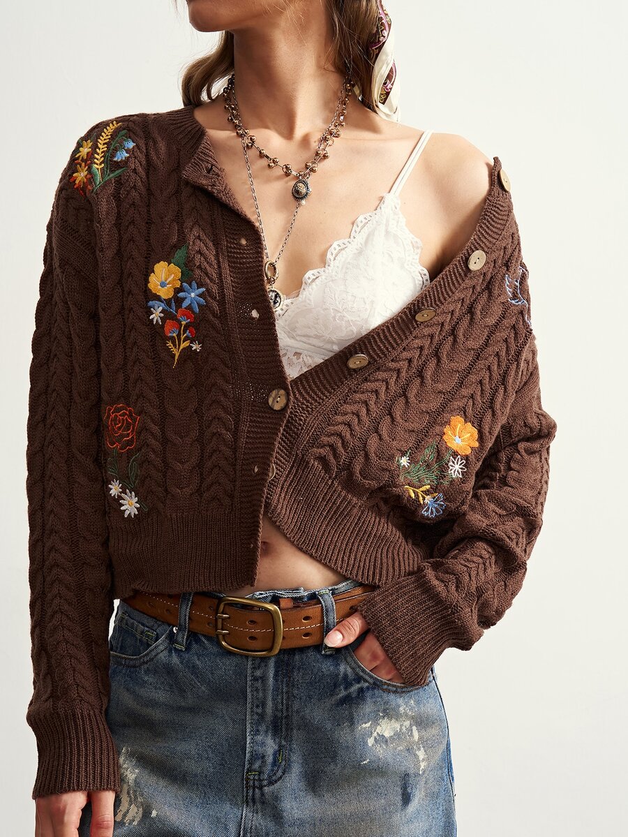 Bohemela 女款花卉刺繡圖案休閒日常穿搭開襟衫 - 咖啡棕 - 查看 1