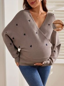 SHEIN 孕婦休閒孕婦裝愛心刺繡蝙蝠袖針織衫，春季/拍照冬季 - 灰色 - 查看 4