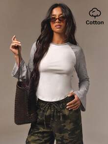 Athîral Women's Casual Round Neck Colorblock Raglan Sleeve Waist-Cinched T-Shirt - Multicolor - View 1