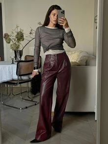 DAZY Fashionable High-Waist Button Pleated PU Material Suit Pants - Red Violet - View 4