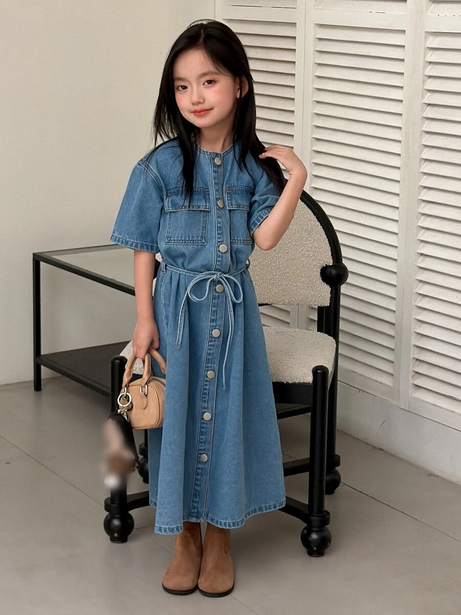 Dazy Kids Tween女孩牛仔圓領長袖短袖休閒水洗洋裝 - 中等水洗藍 - 查看 1