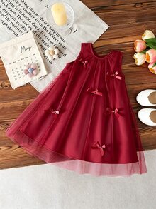 SHEIN Vintaside Kids 女嬰甜美夢幻粉色網紗洋裝，飾有可愛3D蝴蝶結裝飾，適合外出、度假與拍照 - 酒紅色 - 查看 3