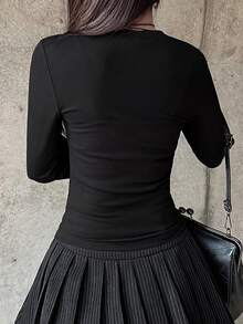 FRIFUL Women's Solid Color Casual Versatile Daily Long Sleeve T-Shirt - Black - View 7