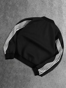 ROMWE MEN Men's Patchwork Striped Zip-Up Sports Jacket - Black - View 3