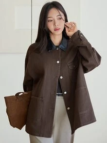 Dazy-Less Women's Brown Washed Loose Fit Short Denim Jacket With Turn-Down Collar, Button And Pocket Decor, Long Sleeve, Autumn - Brown - View 5
