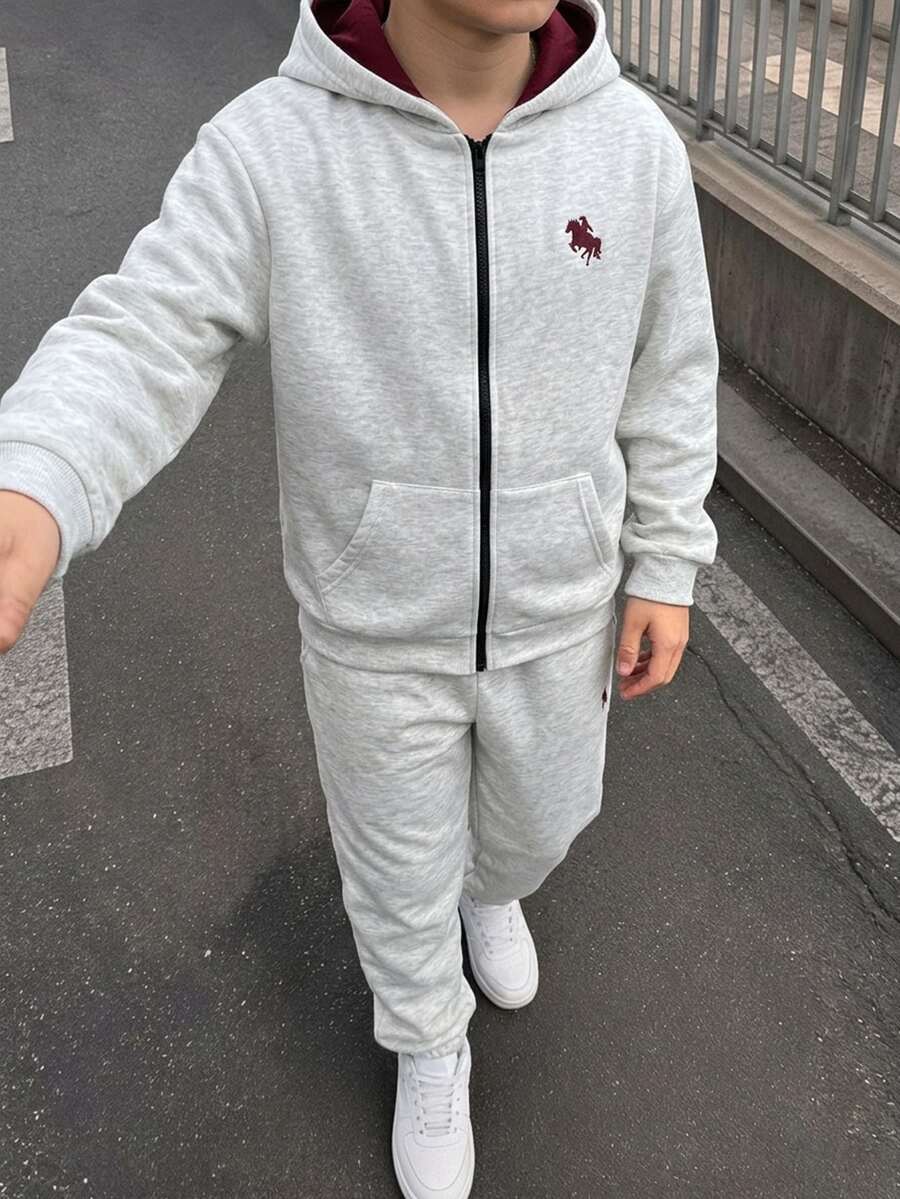 青少年男孩 2件組休閒小馬圖案灰色拼接雙層連帽衛衣與運動長褲，適合秋季返校季