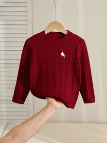 SHEIN Kids Young Boy Knit Solid Color Cable Knit Crew Neck Casual Autumn Winter Sweater, Classic Stripes, Small Horse Logo - Burgundy - View 6