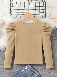SHEIN Tween女孩黑色夏季兒童基礎休閒校園日常穿搭，修身復古羊腿袖假領T恤，運動Y2K風格，長款母女裝上衣 - 卡其色 - 查看 7