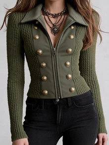 DAZY Green Collared Textured Fabric Patchwork Slim Fit Long Sleeve Sweet Versatile T-Shirt Top - Green - View 1