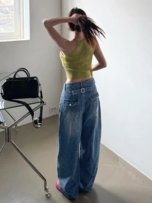 DAZY Contrast Stitch Loose Curved Leg Casual Streetwear Summer Women's Jeans - Dark Wash - View 5