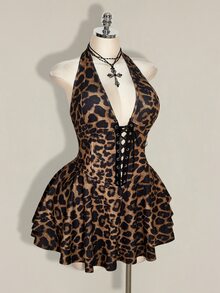 SHEIN ICON Gaun Kasual Wanita Ukuran Plus Motif Leopard dengan Desain Tali Pengikat untuk Musim Panas, Model Halter Neck - Coklat - View 7