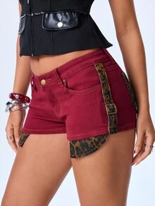 Y2Kool Women's Colorblock Casual Daily Denim Shorts - Burgundy - View 7