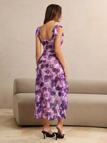 HautHeat Women's Floral Print Ruffle Hem Asymmetric Hem Shoulder Knot Loungewear Dress - Purple - View 2