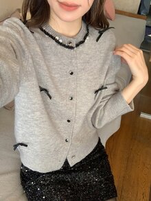 DAZY Women's Fall/ Sequin Decorated Casual French Cute Sweet Wedding Brunch Banquet Bow Contrast Patchwork Cardigan Gray - Grey - View 7
