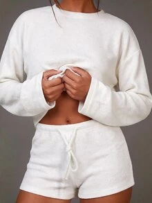 Athîral Women's Casual Round Neck Knitted Solid Color Soft Comfortable Long Sleeve Top T-Shirt 2pcs Set, Daily & Date Outfit - White - View 3
