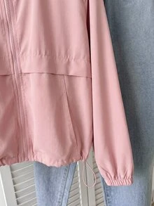SHEIN 青少年女孩休閒粉色兒童秋季拉鍊連帽外套，長袖梭織街頭風口袋外套，附抽繩下擺，適合徒步，秋冬穿著 - 粉色 - 查看 5