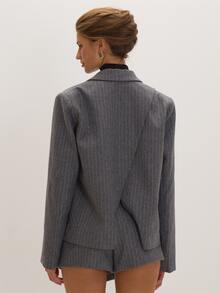 MUSEYN Grey Pinstripe Tailored Woven Cross Back Detail Boxy Blazer Versatile Everyday Date Night Chic New Season Fall - Grey - View 5