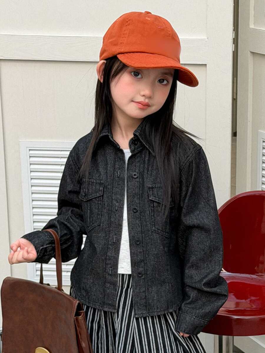 Dazy Kids (Gadis Remaja) Atasan Denim Gelap Pendek Lengan Panjang Kerah Lipat Musim Gugur - Hitam - View 1