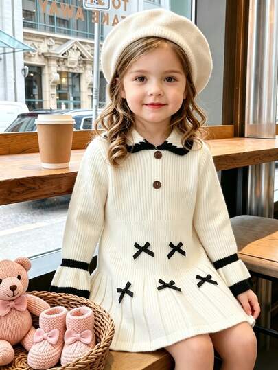 Young Girl Contrast Color Bow Decor Casual Daily Knit Dress