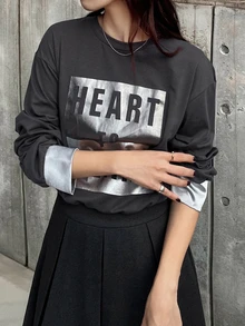 FRIFUL Women's Letter Print Drop Shoulder Long Sleeve Casual T-Shirt - Grey - View 6