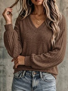 EMERY ROSE Women's Solid Color V-Neck Ribbed Long Sleeve Casual Loose T-Shirt, Autumn - Coffee Brown - View 4