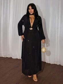 Rustia Plus Size Black Long Dress With Deep V-Neck, Tie Waist, Decorative Buckle, Party Dress, Autumn/Winter - Black - View 7
