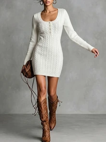SHEIN Women's Fall/ New Fashion Vintage Casual Elegant Cable Knit Dress Brunch Off-White - Beige - View 1