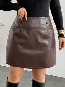 Firerie Plus Size Women's Solid Color PU Leather Fashion Versatile Mini Skirt - Coffee Brown - View 6