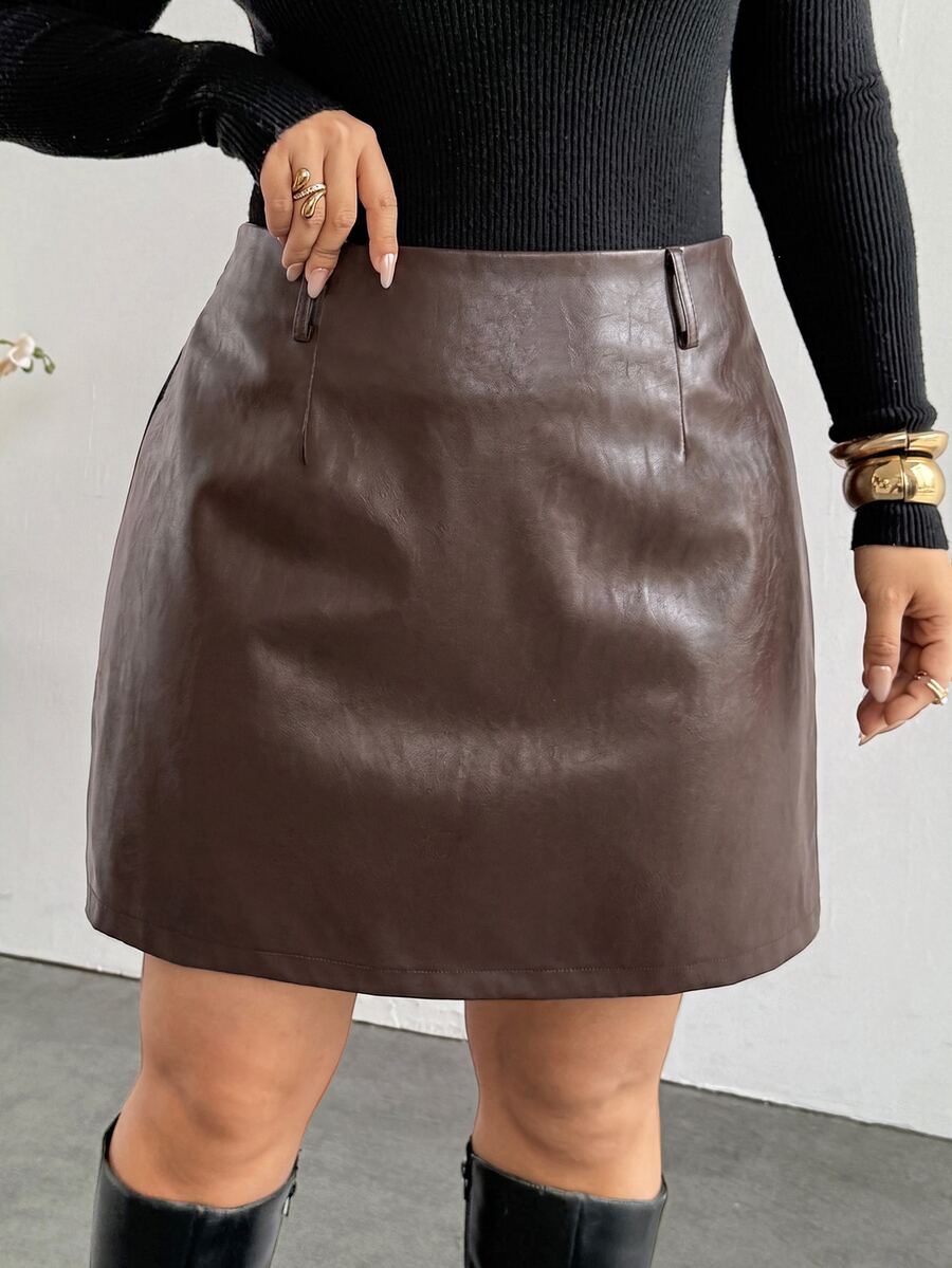 Firerie Plus Size Women's Solid Color PU Leather Fashion Versatile Mini Skirt - Coffee Brown - View 1