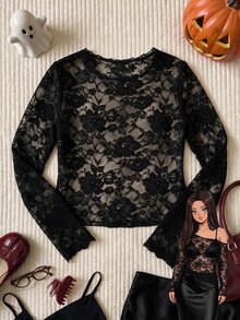 Comfortcana Plus Size Halloween Black Lace Long Sleeve Sheer Cold Shoulder Women's Top - Black - View 7