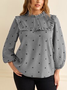 Écloséra Curve Plus Size Women's French Vintage Plaid Shirt, Woven Fabric, Ruffle Collar, Frill Trim, Embroidered Puff Long Sleeve Blouse - Black - View 5