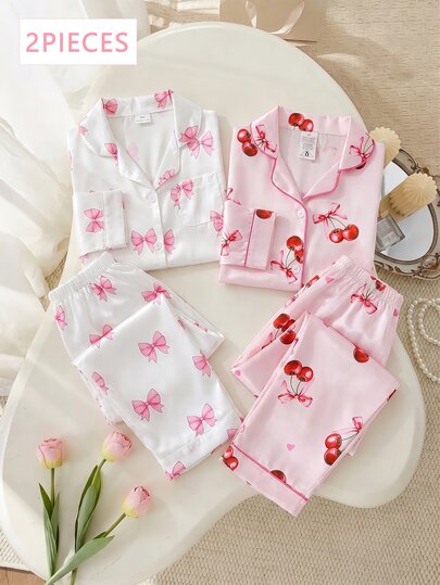 Girls Sweet Cute Elegant Casual Daily Minimalist Fashion Skin-Friendly Soft Woven Faux Silk Satin Fabric Dreamy Pink Bow Cherry Fruit Cartoon Print Open Front Long Sleeve Top And Pants Pajama Set Loungewear 2 Pieces Set