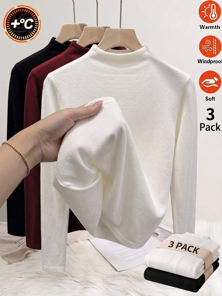 SHEIN 青少年女孩秋季上衣 秋冬加厚保暖休閒日常穿搭層次感高領羅紋抓絨布料純色校園風 白色 棕色 黑色 - 彩色 - 查看 1