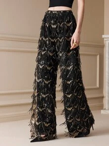 Arave Women's Mesh Embroidery Sequin High Waist Straight Leg Diamond Grid Tassel Embroidery Sequin Design Elegant Date Long Pants - Black - View 5