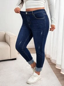 SHEIN CURVE+ Plus Size Women's Casual Daily Travel Denim Jeans With Pockets And Buttons - Blue - View 7