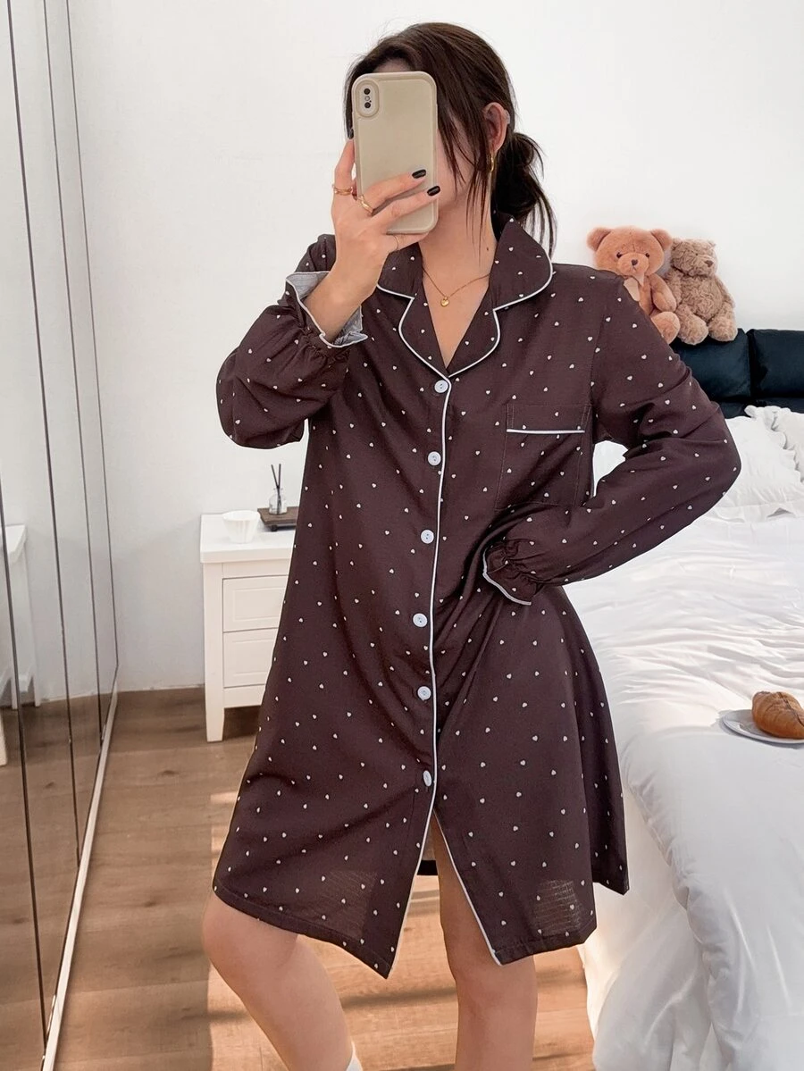 Napfluff Small Heart Shirt-Style One-Piece Nightgown, Contrast Binding Detail, Ruffle Cuff Comfortable Loungewear Long Dress - Rust Brown - View 1