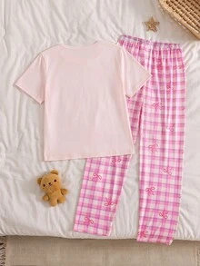 SHEIN 2件組 青少年女孩時尚簡約秋季新款可愛水豚圖案印花圓領短袖上衣搭配粉色淺色格紋蝴蝶結長褲居家服套裝 - 淺粉色 - 查看 2