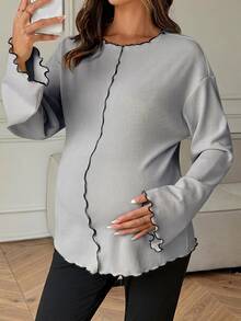 Dazy Maternity Contrast Color Ruffle Wave Hem Loose Long Sleeve Bell Sleeve Casual Vacation Korean Style Spring Autumn Maternity T-Shirt - Grey - View 3
