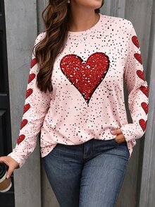 EMERY ROSE Plus Size Women Heart Pattern Print Round Neck Long Sleeve T-Shirt, Ladies Top - Multicolor - View 1