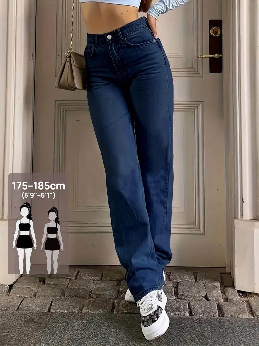 SHEIN Tall 高個女款高腰鈕扣口袋直筒休閒街頭風牛仔長褲 秋冬新年感恩節外出日常深藍色 - 深色水洗藍 - 查看 1