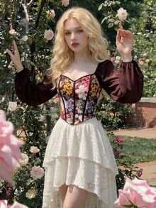 SHEIN MOD 女款花卉印花甜心領燈籠袖優雅鄉村風襯衫 米色 度假 秋季/萬聖節/返校季 - 酒紅色 - 查看 2